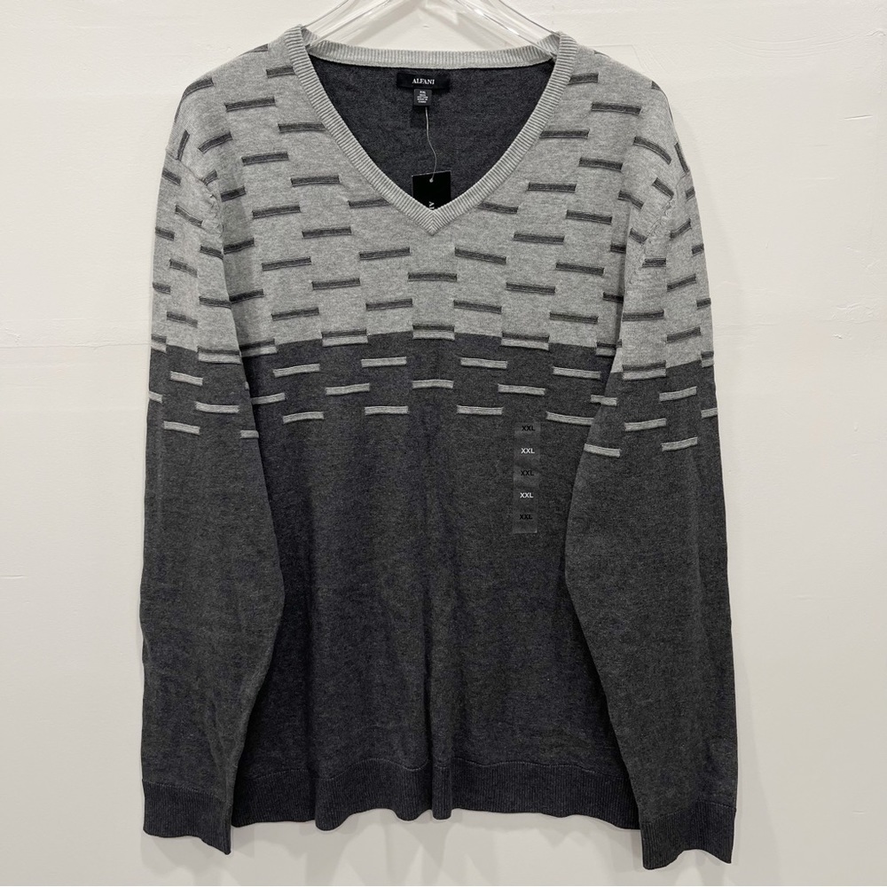 Alfani Cotton Knit V-Neck Sweater Casual Grey XXL